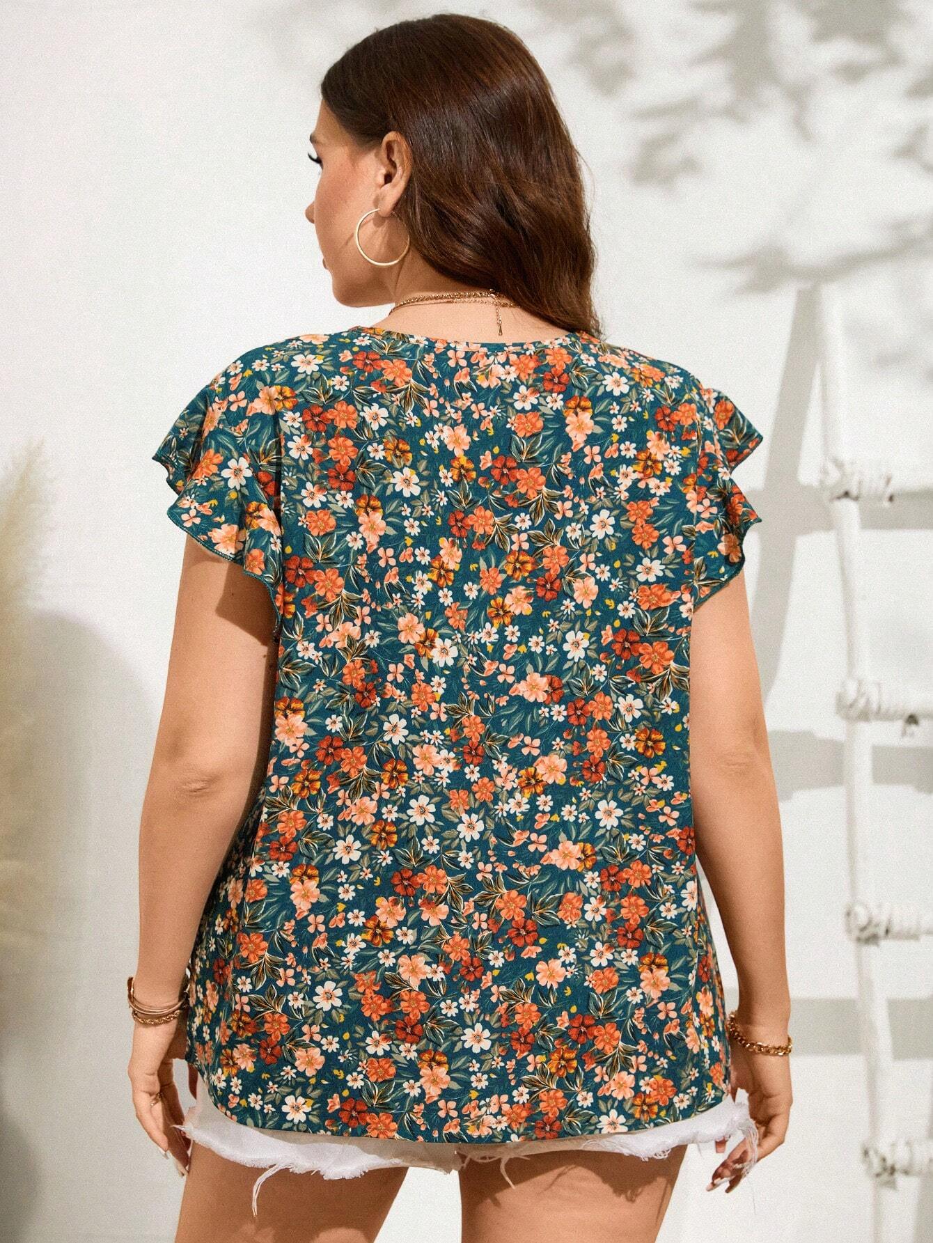 Blusa Estampada Floral com Decote V e Manga Curta Plus Size - Vivian