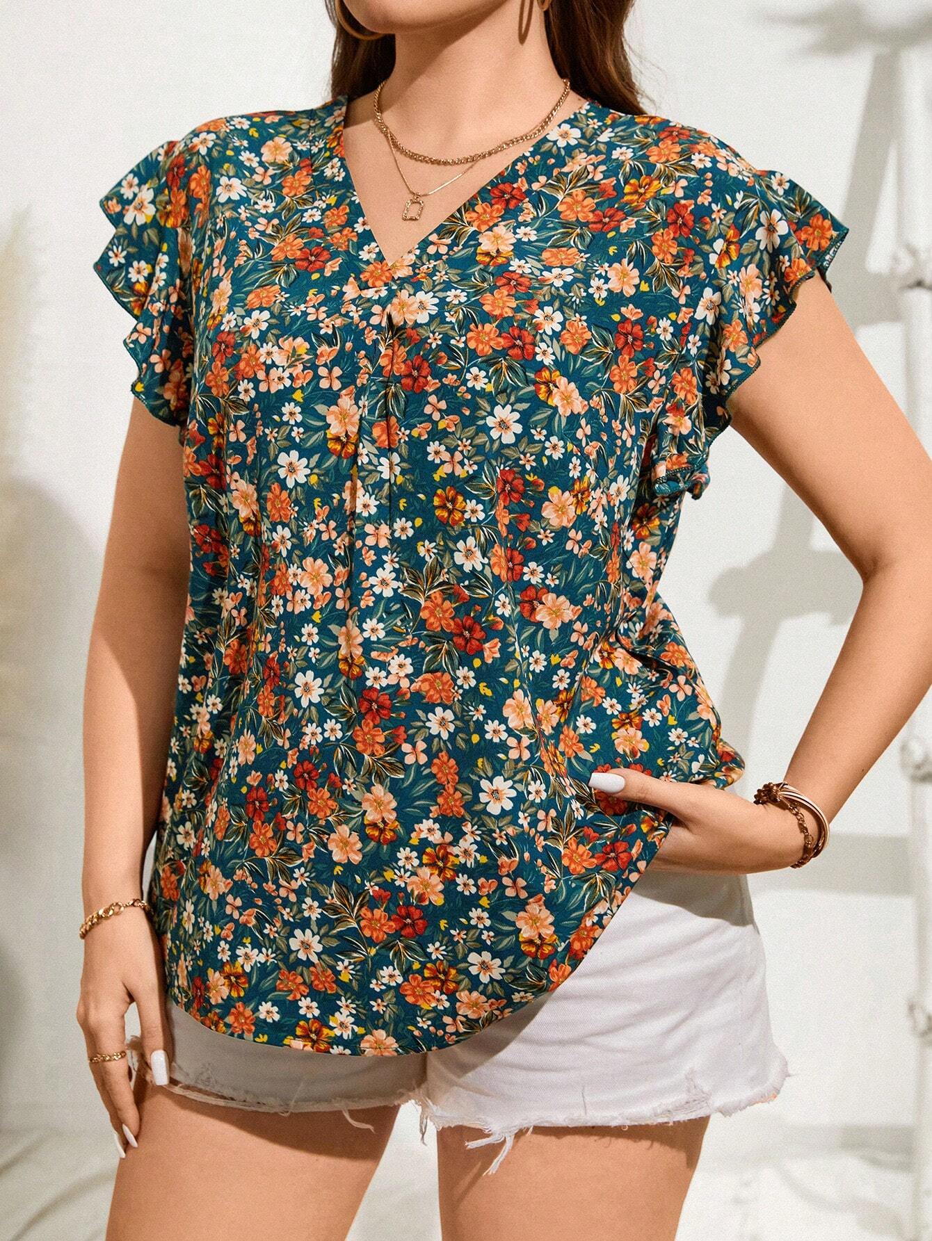 Blusa Estampada Floral com Decote V e Manga Curta Plus Size - Vivian