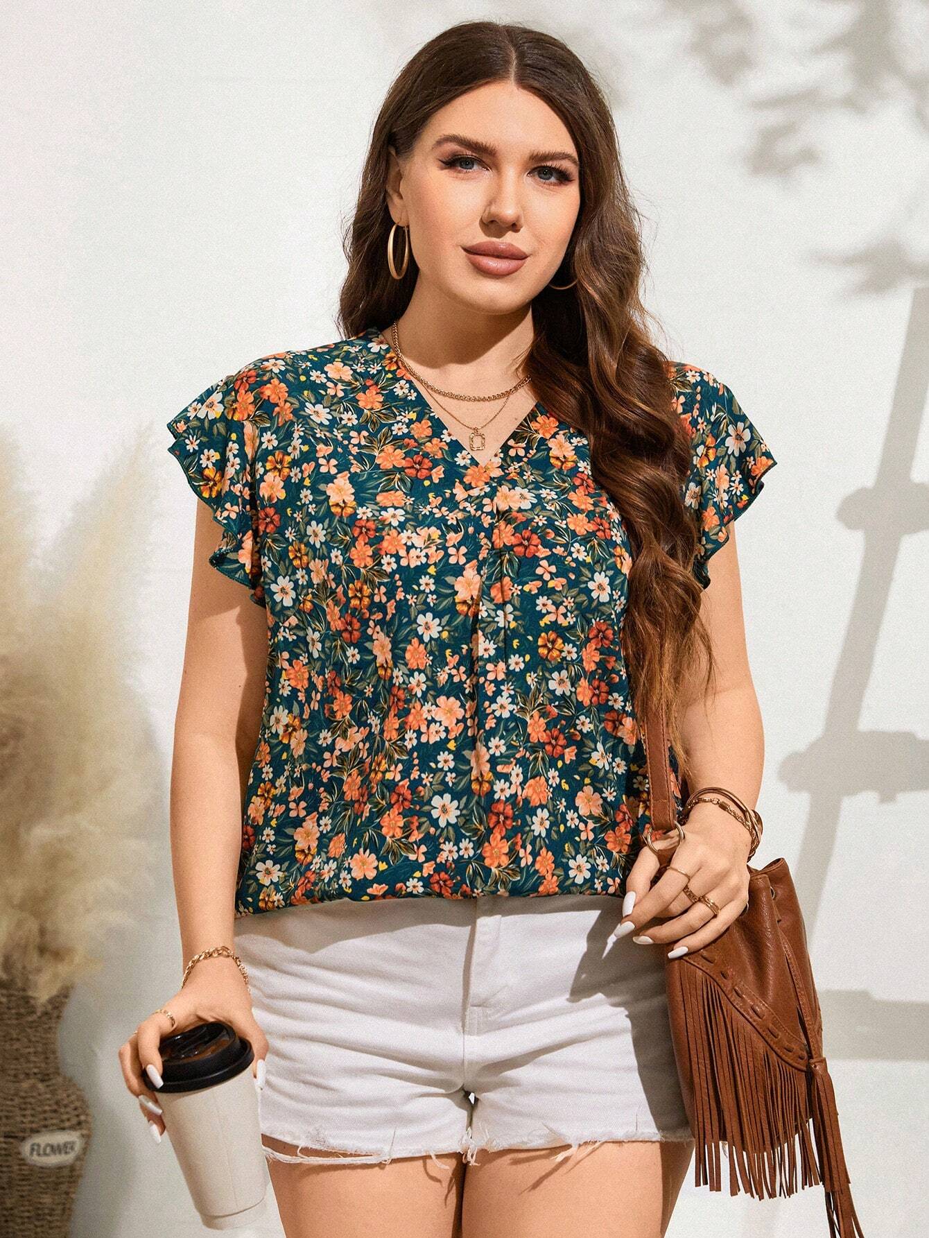 Blusa Estampada Floral com Decote V e Manga Curta Plus Size - Vivian