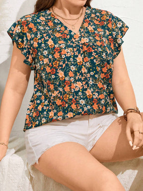 Blusa Estampada Floral com Decote V e Manga Curta Plus Size - Vivian