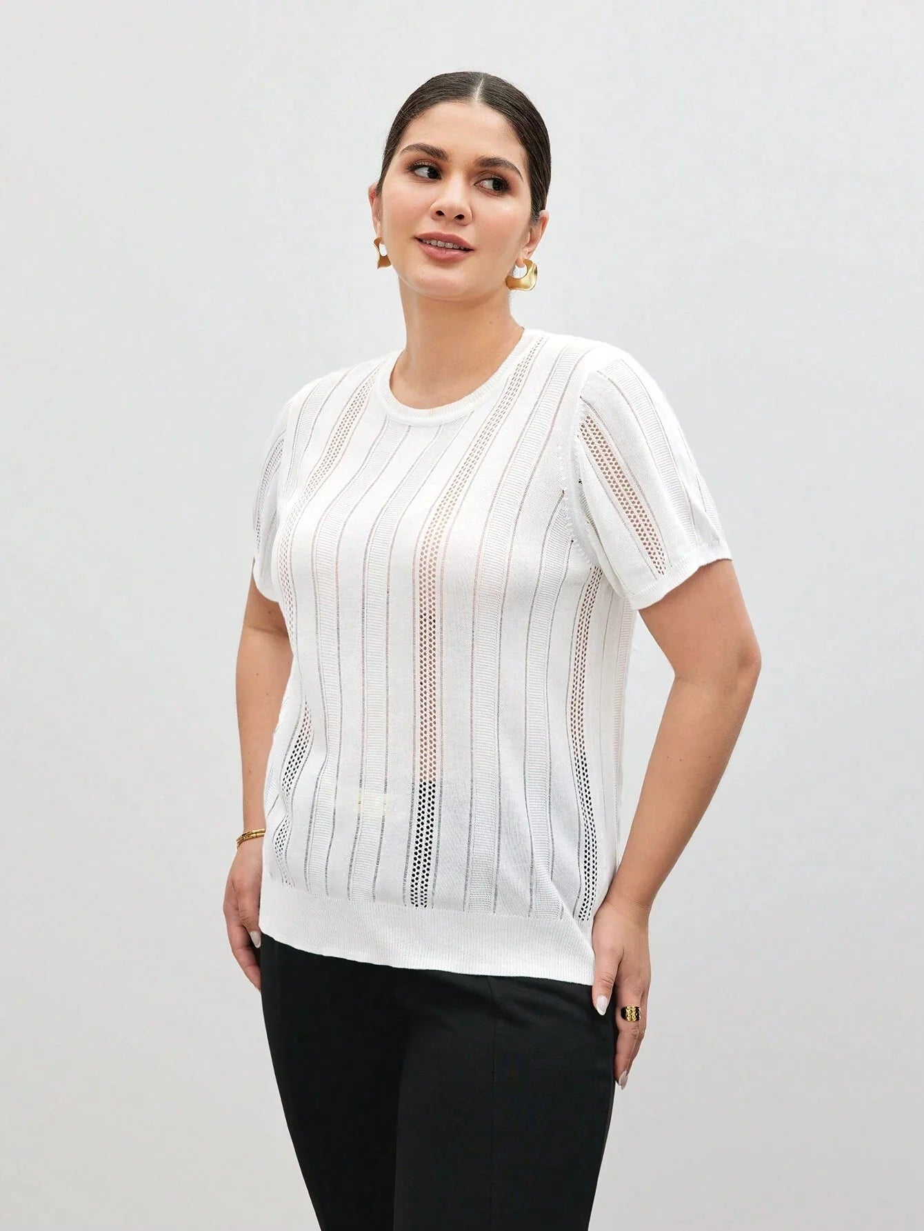 Camiseta De Tricô Casual Plus Size - tassinitassinitassiniGCamiseta De Tricô Casual Plus Size